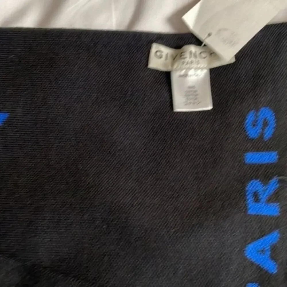 Givenchy Logo Fringe Trim Cotton Football Scarf black with blue lettering - Picture 7 of 9